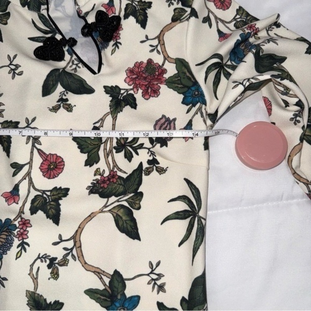 CKLASS Cream Floral Mandarin Collar Frog Button Sheath Dress 3/4 Sleeve - Picture 6 of 8